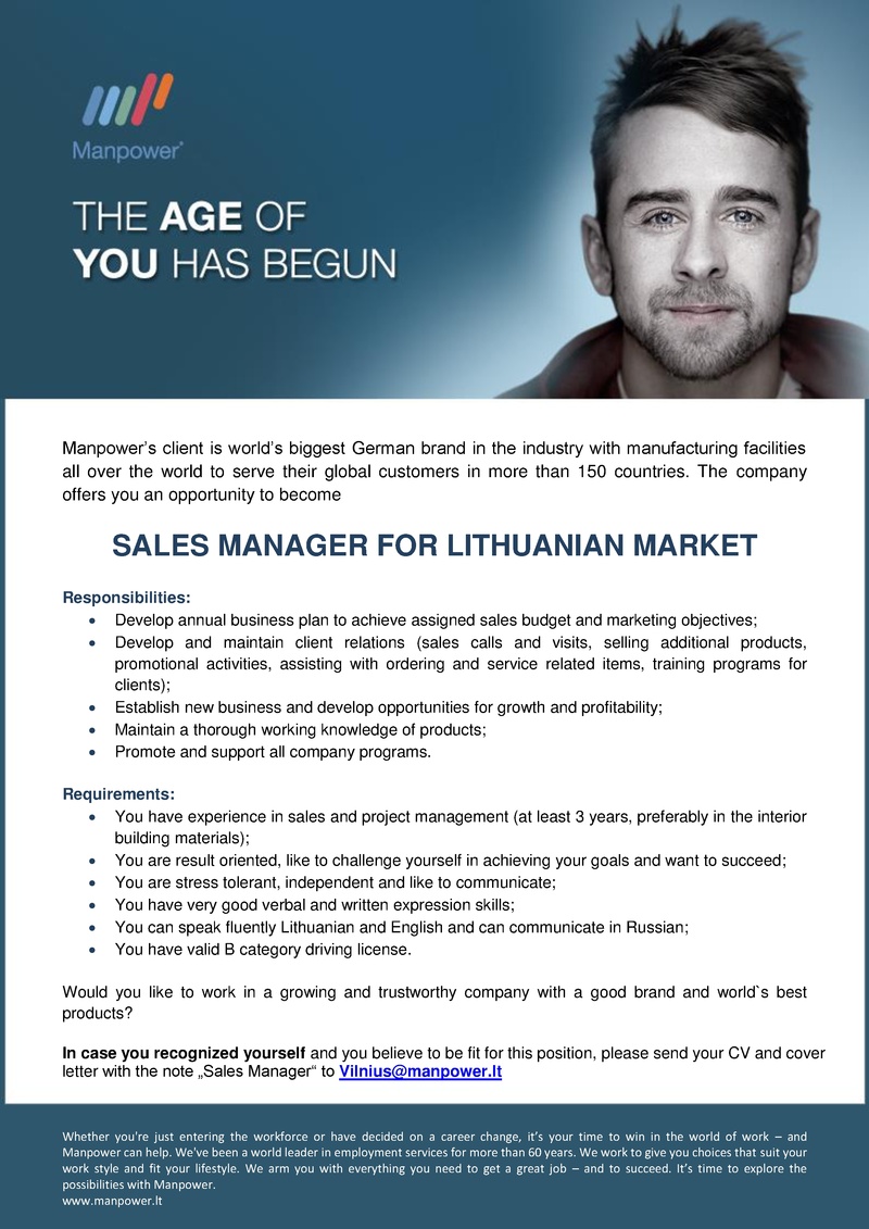 Manpower Lit, UAB SALES MANAGER FOR LITHUANIAN MARKET