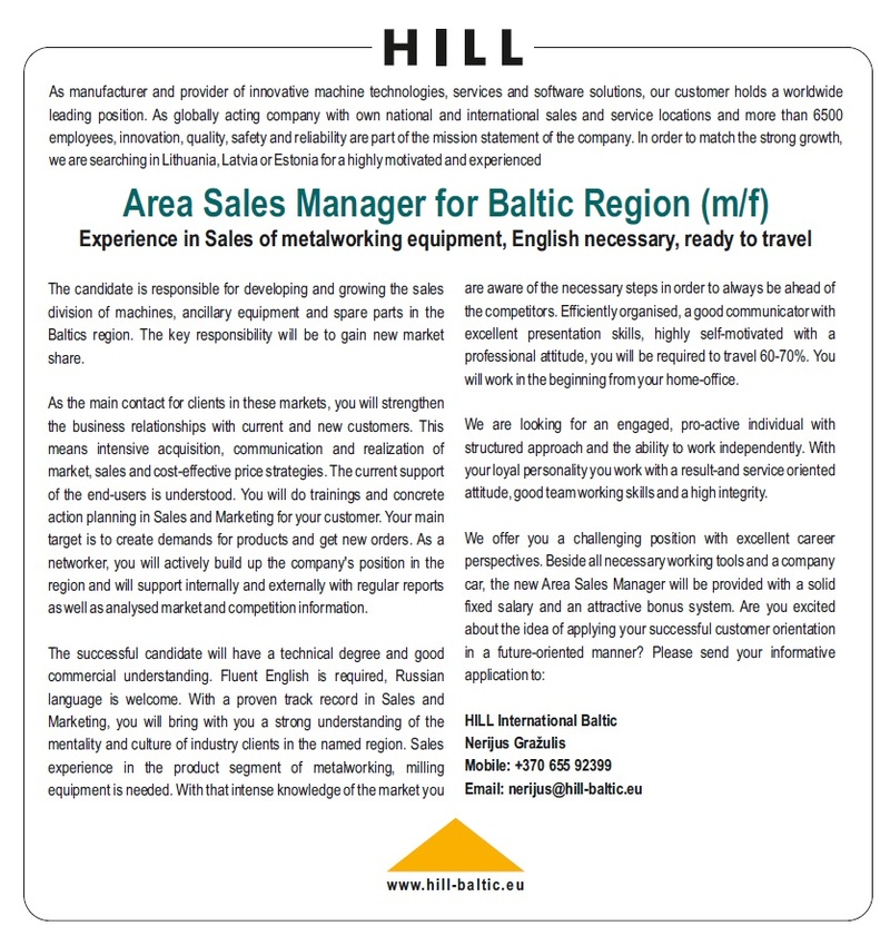 HILL International Baltic, UAB Area Sales Manager for Baltic Region (m/f)