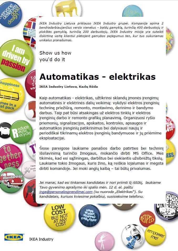 Personalo sprendimai, UAB AUTOMATIKAS - ELEKTRIKAS (Ikea Industry Lietuva)