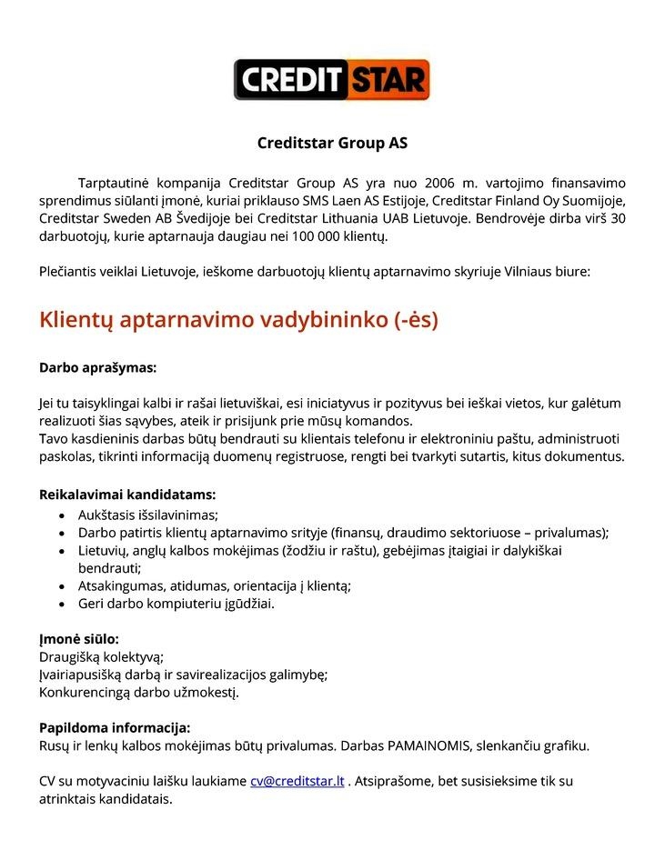 Creditstar Lithuania, UAB Klientų aptarnavimo vadybininkas