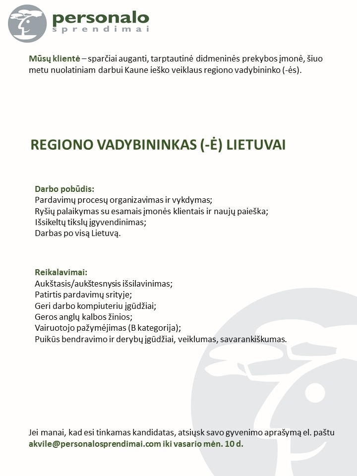 Personalo sprendimai, UAB Regiono vadybininkas (-ė) Lietuvai