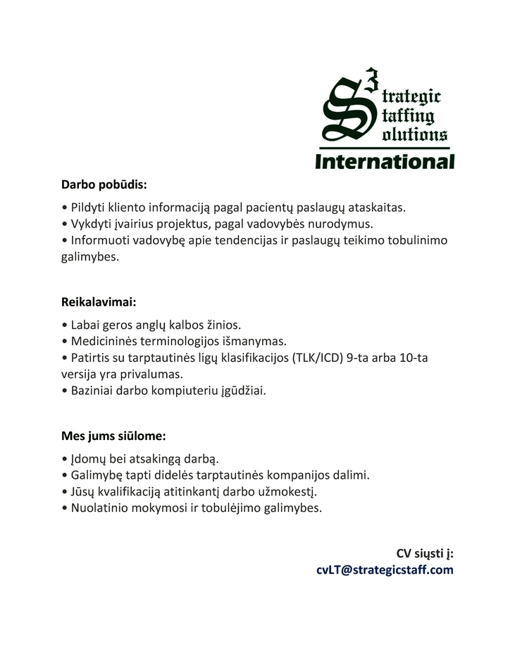 Strategic Staffing Solutions International, UAB Medicinos Kodavimo Specialistas (-ė)