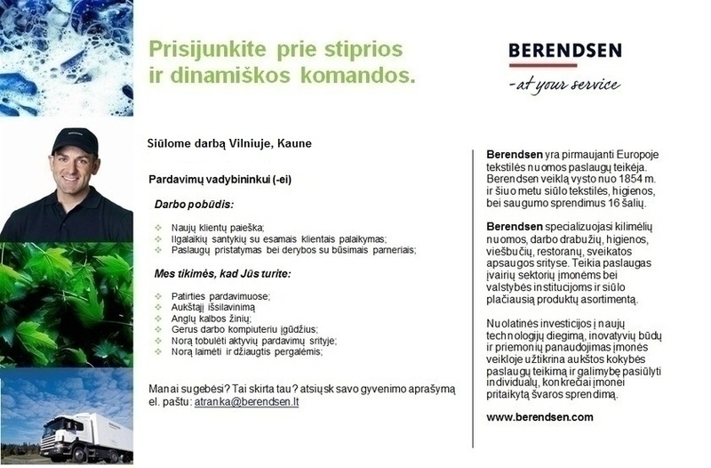 Berendsen Textile Service, UAB Pardavimų vadybininkas (-ė) Vilniuje ir Kaune 