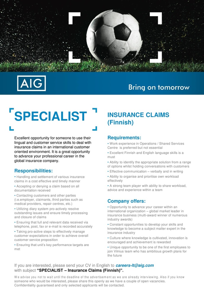 AIG SPECIALIST – INSURANCE CLAIMS (FINNISH)