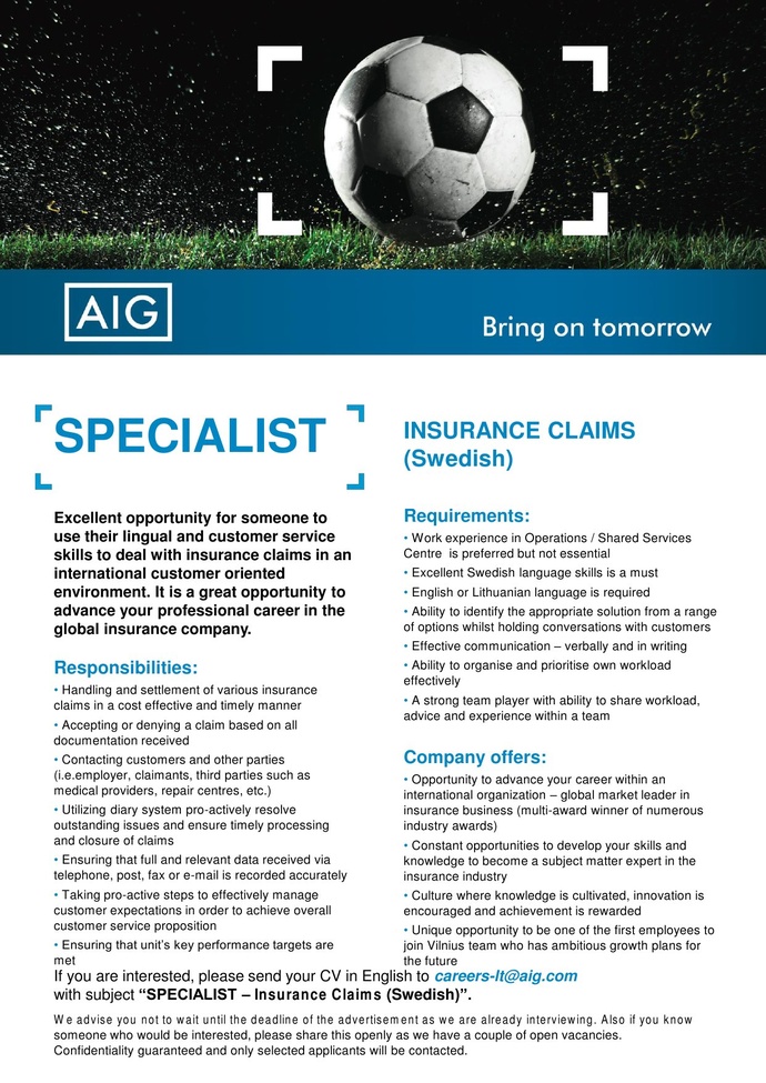 AIG SPECIALIST – INSURANCE CLAIMS (SWEDISH)