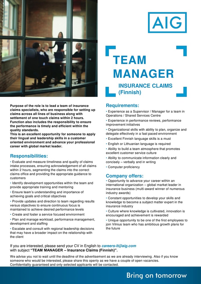 AIG TEAM MANAGER – INSURANCE CLAIMS (FINNISH)