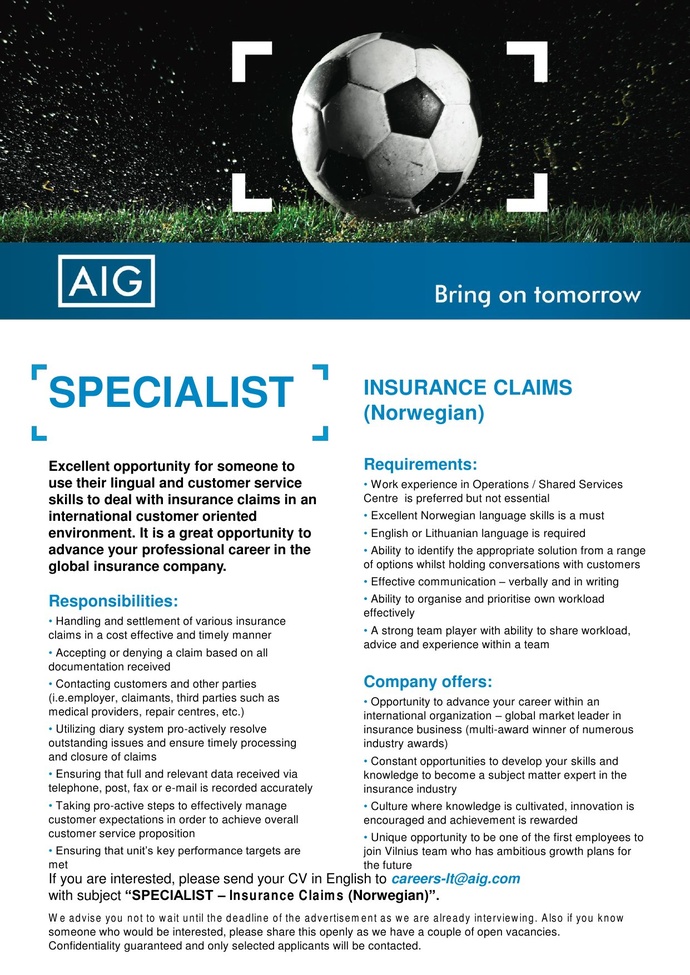AIG SPECIALIST – INSURANCE CLAIMS (NORWEGIAN)