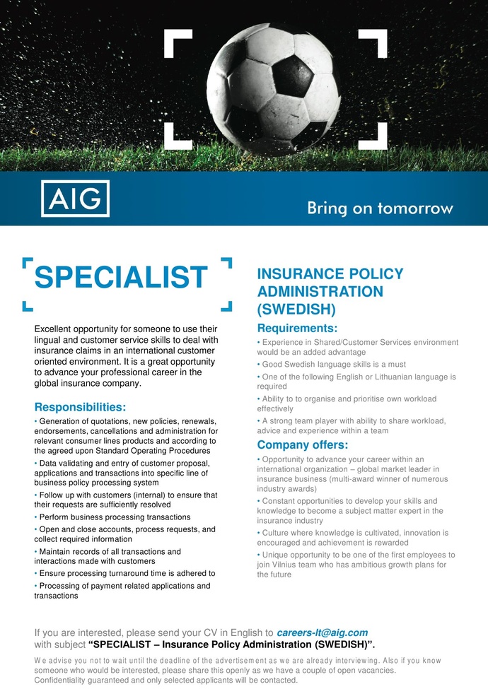 AIG SPECIALIST – INSURANCE POLICY ADMINISTRATION (SWEDISH)