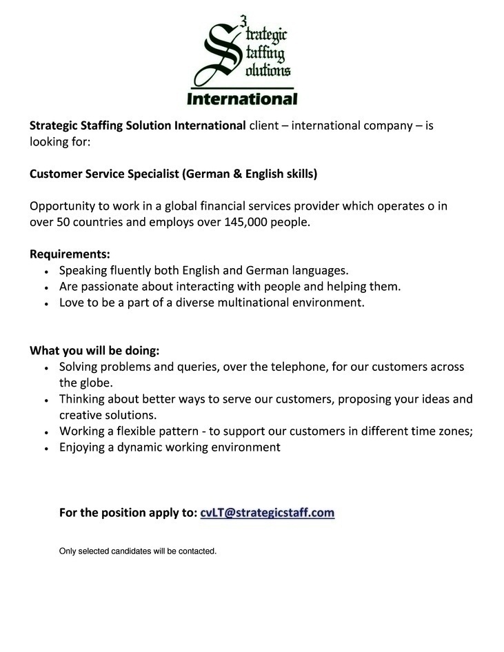 Strategic Staffing Solutions International, UAB Customer Service Specialist (German & English skills)