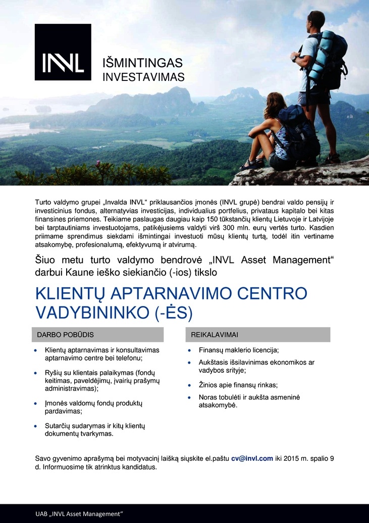INVL Asset Management, UAB KLIENTŲ APTARNAVIMO CENTRO VADYBININKO (-ĖS)