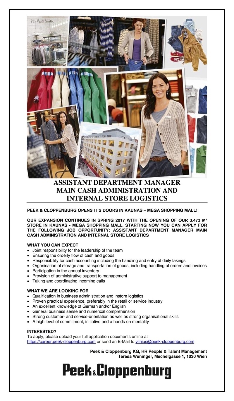 Trendmark, UAB ASSISTANT DEPARTMENT MANAGER  MAIN CASH ADMINISTRATION AND  INTERNAL STORE LOGISTICS