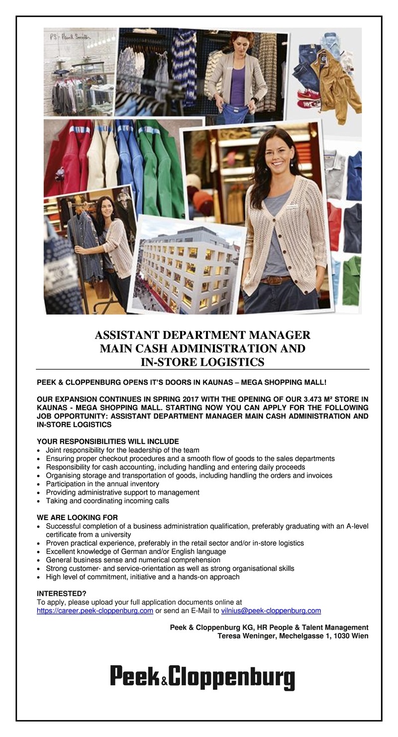 Peek&Cloppenburg  ASSISTANT DEPARTMENT MANAGER MAIN CASH ADMINISTRATION AND IN-STORE LOGISTICS