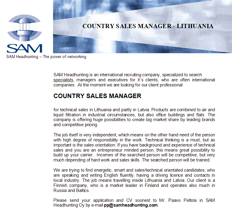 CV Market client Country Sales Manager