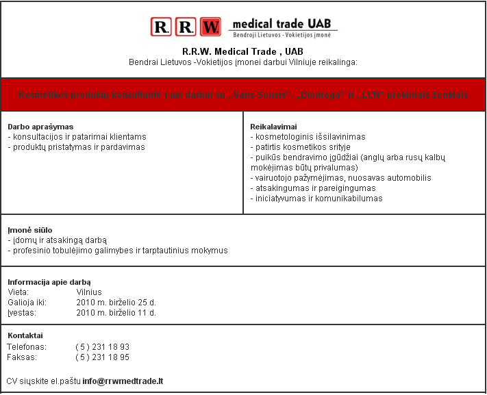 R.R.W. Medical Trade , UAB Kosmetikos produktų konsultantė (-as) darbui su „Sans Soucis“, „Biodroga“ ir „LCN“ prekiniais ženklais