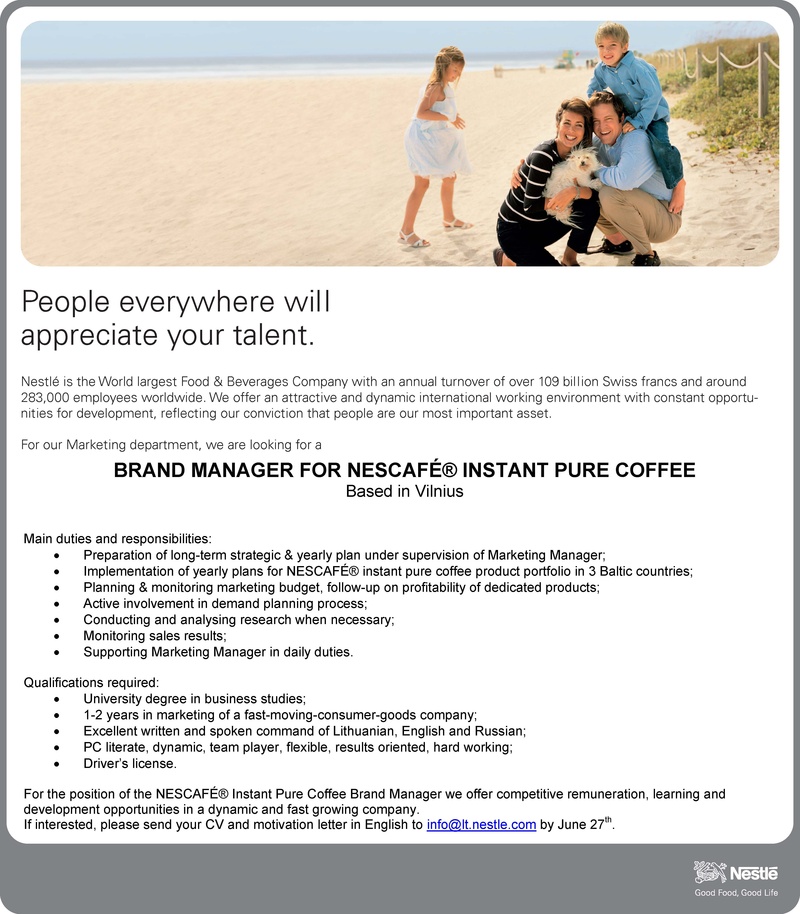 CV Market client Brand manager for Nescafe instant pure coffee