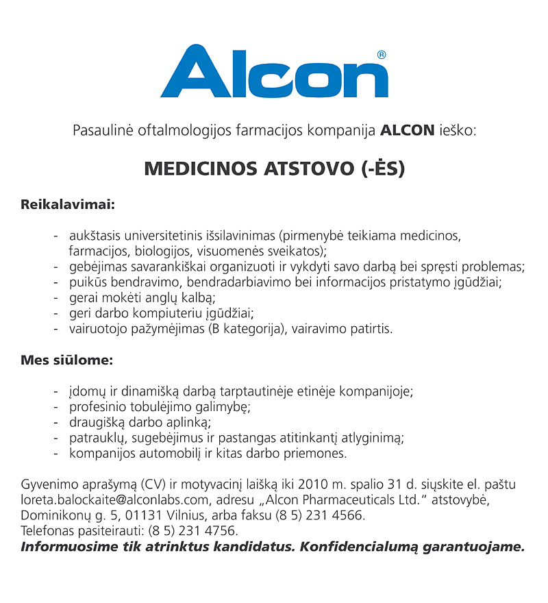 Alcon Pharmaceuticals Ltd. atstovybė Medicinos atstovas