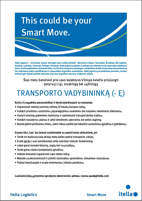 Itella logistics, UAB Transporto vadybininkas (-ė)