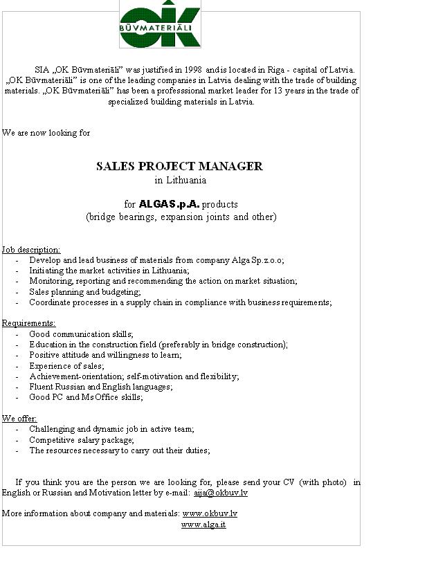 OK Būvmateriāli, SIA Sales project manager