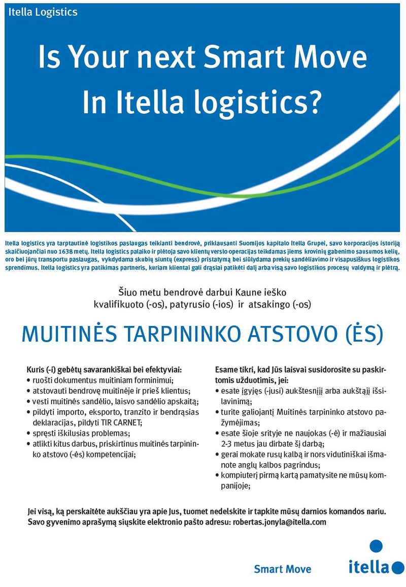 Itella logistics, UAB Muitinės tarpininko atstovas (-ė)