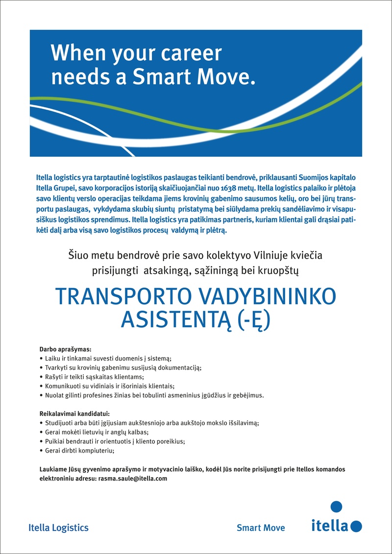 Itella logistics, UAB Transporto vadybininko asistentas