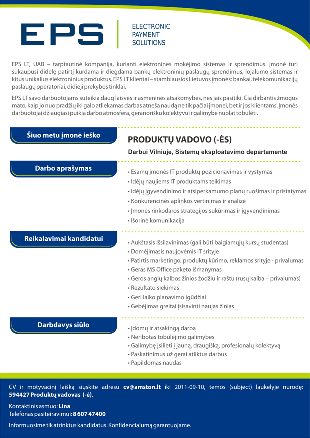 AMSTON, UAB Produktų vadovas (-ė)