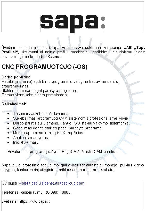 Sapa Profiliai, UAB CNC programuotojas (-a)