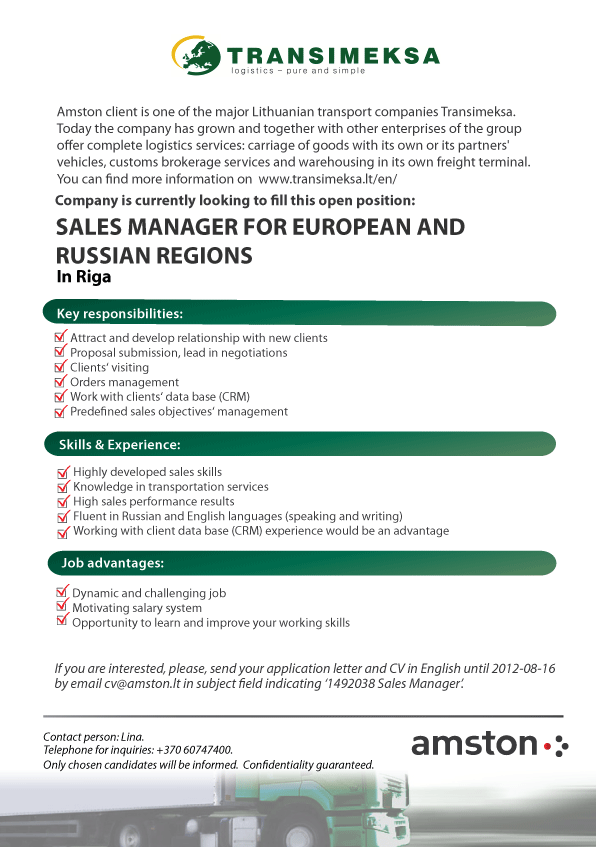AMSTON, UAB Sales Manager for European and Russian Regions 1492038