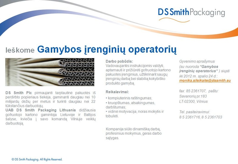 DS Smith Packaging Lithuania, UAB Gamybos įrenginių operatorių