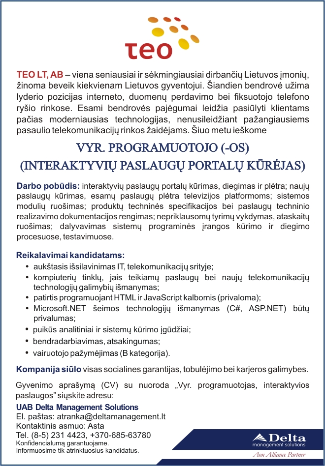 Delta management solutions, UAB Vyr. programuotojas (-a) (Interaktyvių paslaugų portalų kūrėjas (-a)) Vilniuje
