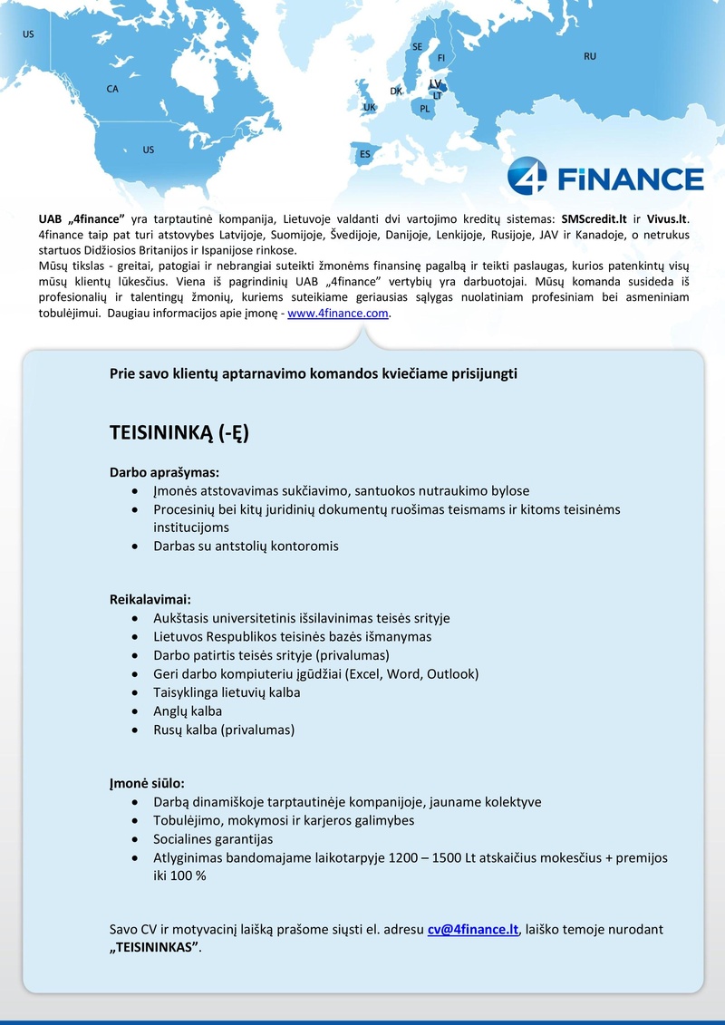 4finance, UAB Teisininkas (-ė)