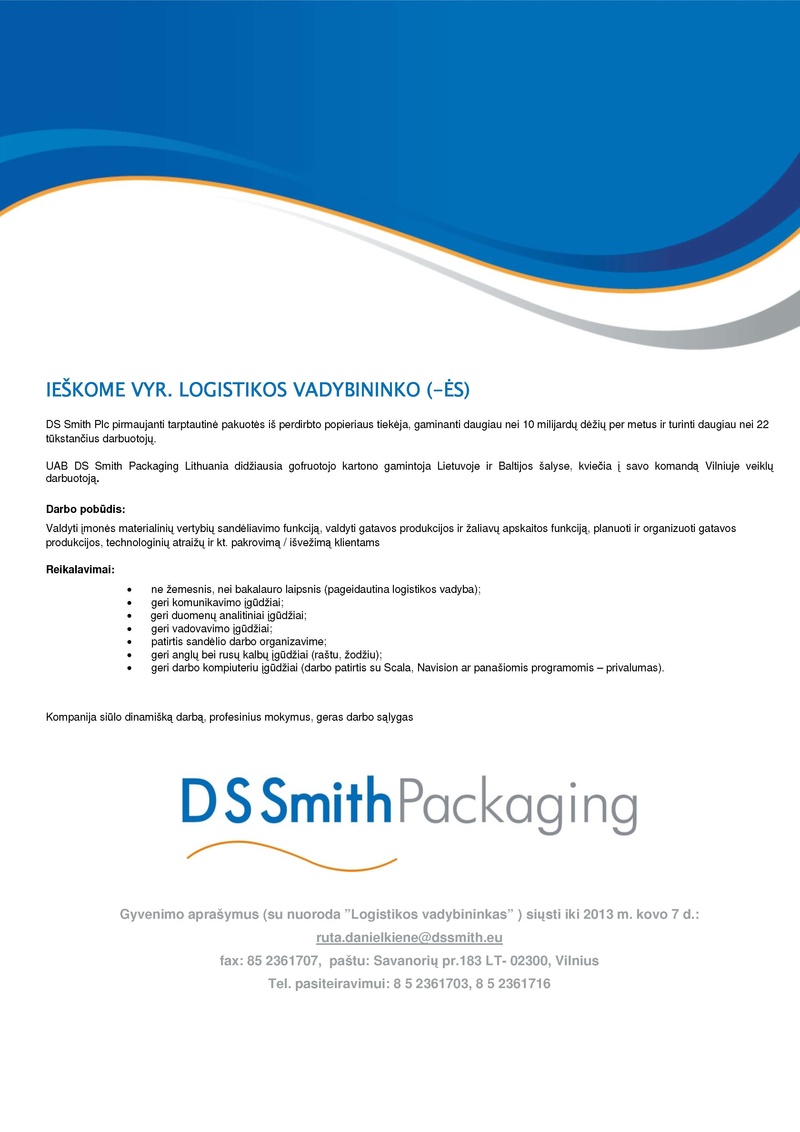 DS Smith Packaging Lithuania, UAB Vyr. logistikos vadybininko (-ės)