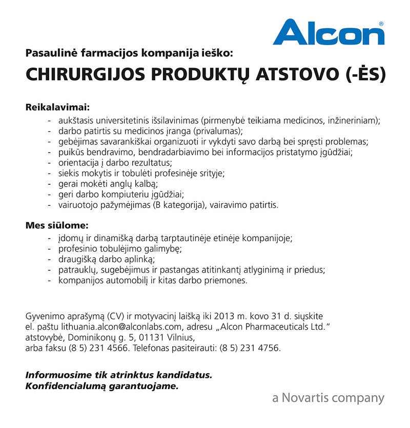 Alcon Pharmaceuticals Ltd. atstovybė Chirurgijos produktų vadybininkas (-ė)