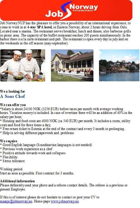 CV Market client 4* Hotel Sous Chef Eastern Norway