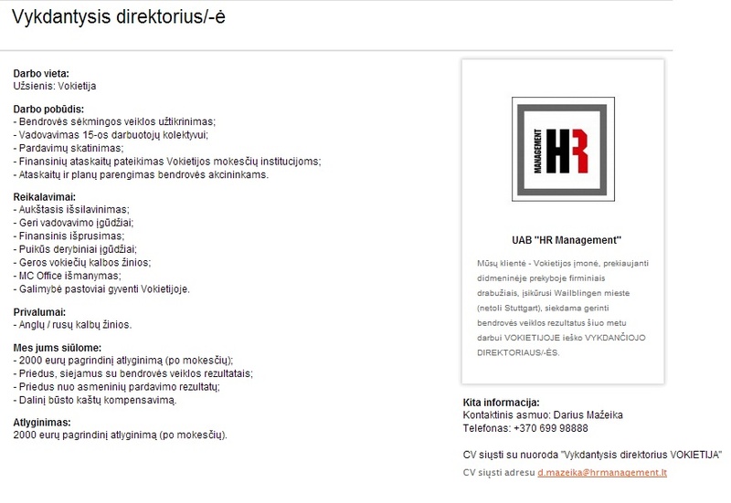 HR MANAGEMENT, UAB Vykdantysis direktorius/-ė
