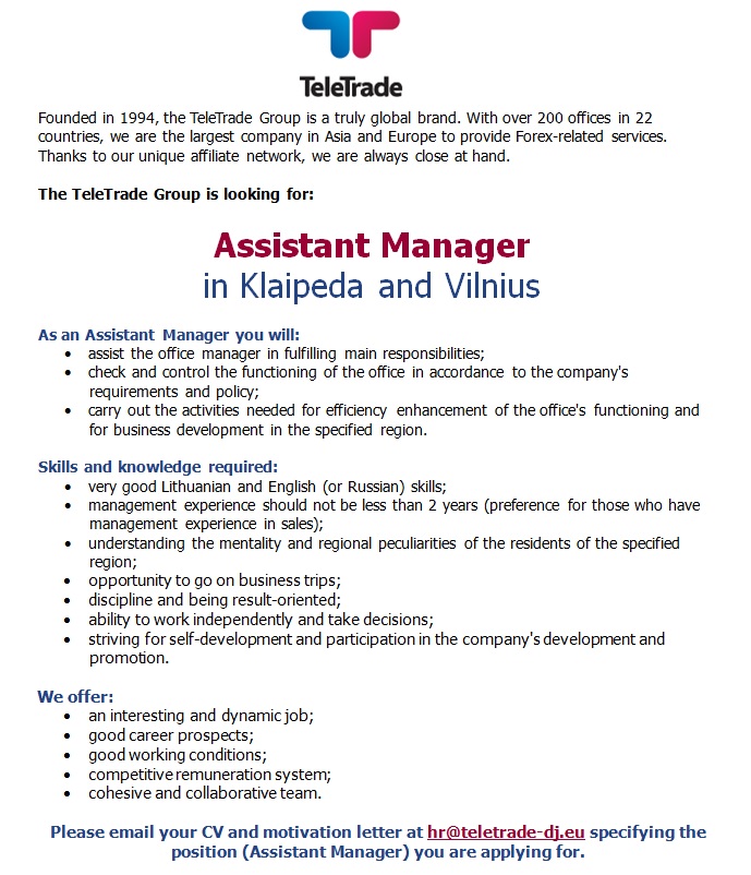 AvenatorA, SIA Assistant Manager  in Klaipeda and Vilnius