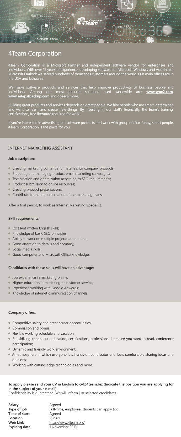 4Team Corporation Vilnius Internet Marketing Assistant