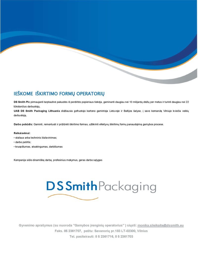 DS Smith Packaging Lithuania, UAB Iškirtimo formų operatoriai