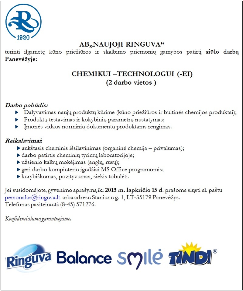 Naujoji ringuva, AB CHEMIKAS – TECHNOLOGAS (-Ė)