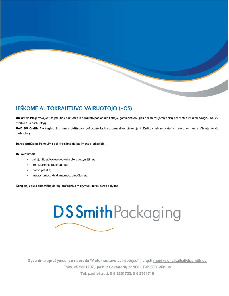 DS Smith Packaging Lithuania, UAB Autokrautuvo vairuotojas (-a)