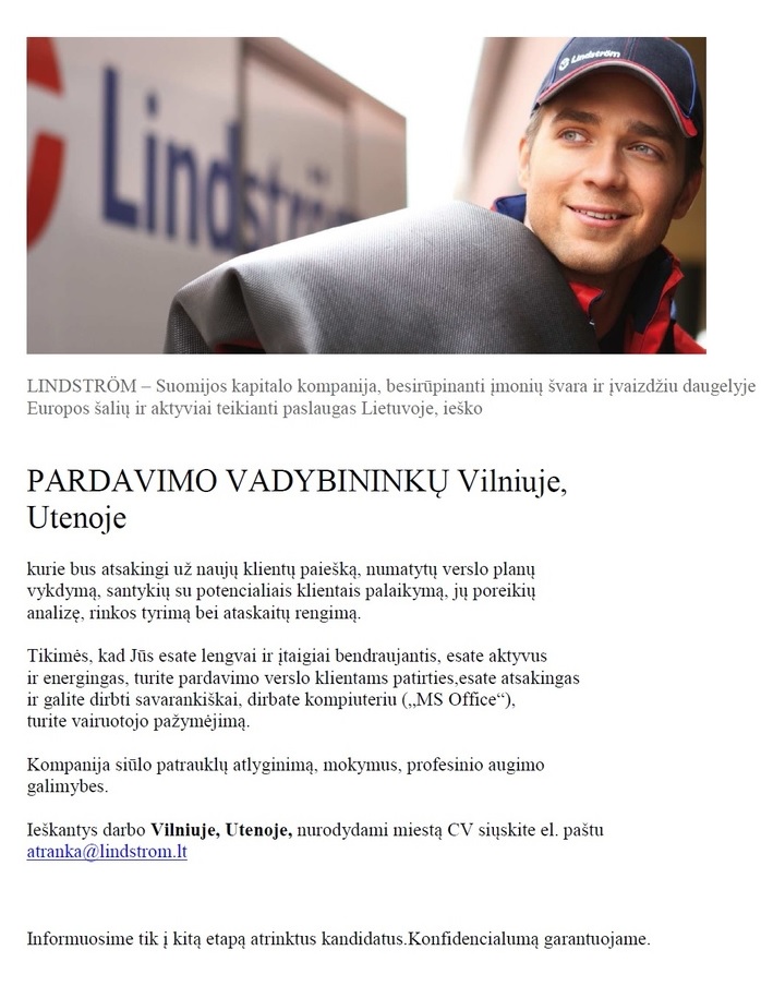 Lindstrom, UAB Pardavimo vadybininkas (-ė) Vilniuje