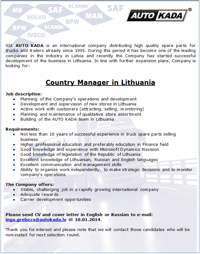 AUTO KADA, SIA Country Manager in Lithuania