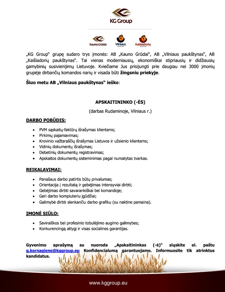 Vilniaus paukštynas, AB APSKAITININKO (-ĖS) (darbas Rudaminoje, Vilniaus r.)