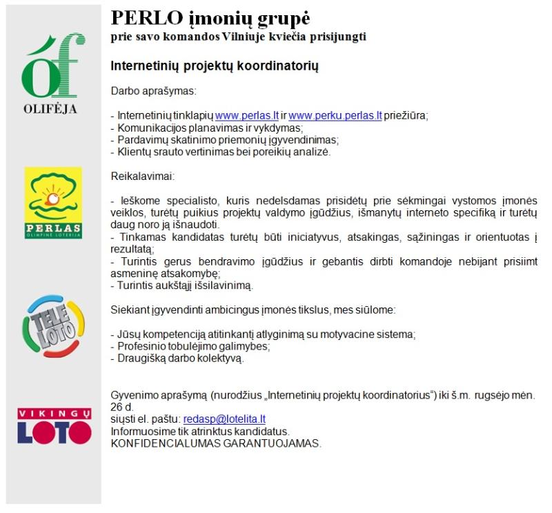 PERLO įmonių grupė Internetinių projektų koordinatorius (-ė)