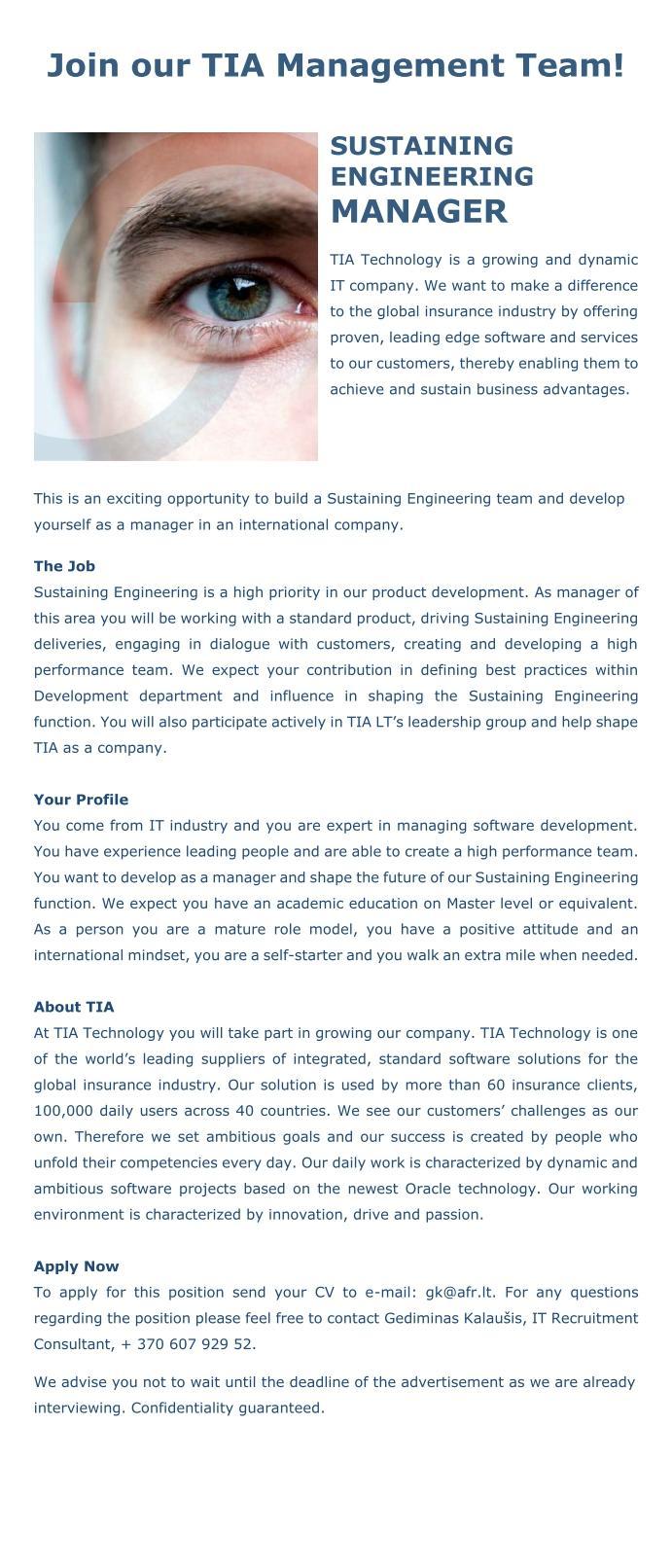 Alliance recruitment, UAB Sustaining Engineering Manager