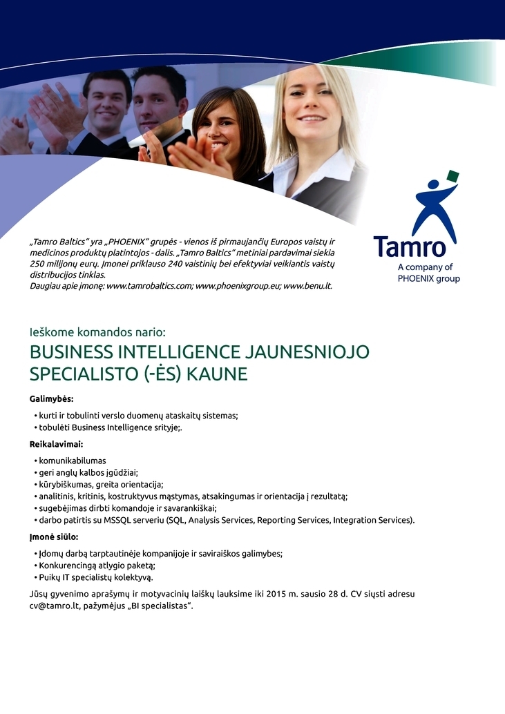TAMRO Baltics Business intelligence jaunesnysis specialistas (-ė) Kaune