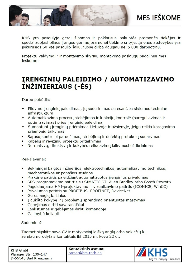 KHS GmbH ĮRENGINIŲ PALEIDIMO/AUTOMATIZAVIMO INŽINIERIUS(-Ė)