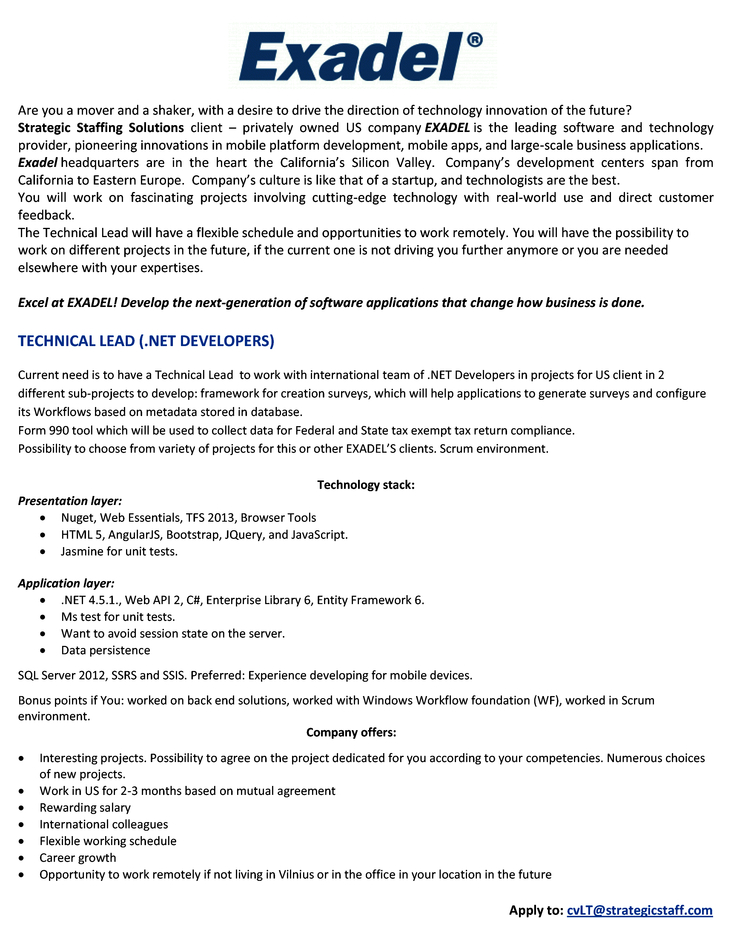 Strategic Staffing Solutions International, UAB Technical Lead (.NET Developers)