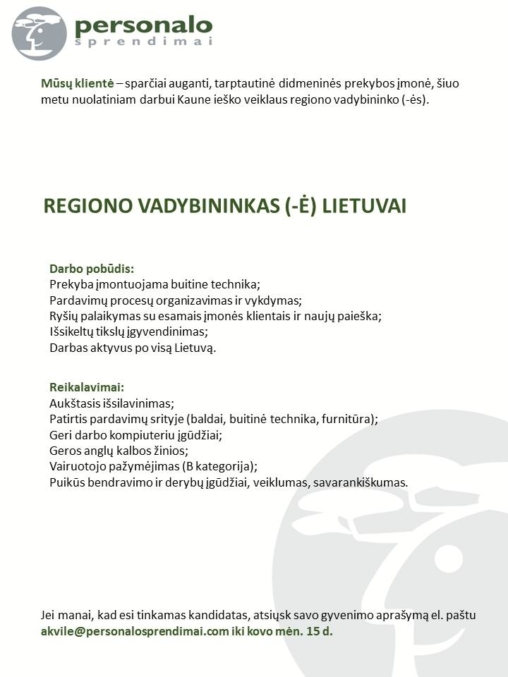 Personalo sprendimai, UAB Regiono vadybininkas (-ė) Lietuvai