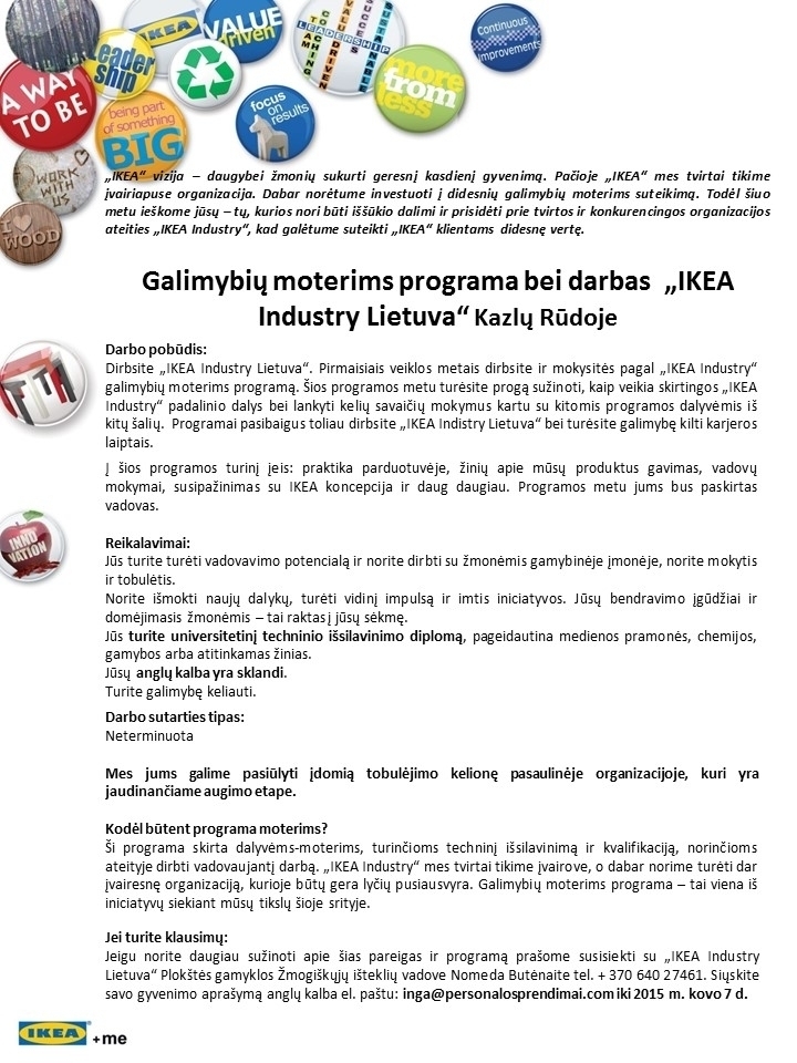 Personalo sprendimai, UAB Galimybių moterims programa ir darbas "Ikea Industry Lietuva" 