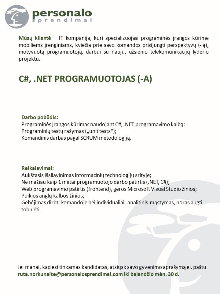 Personalo sprendimai, UAB C#, .NET PROGRAMUOTOJAS (-A)